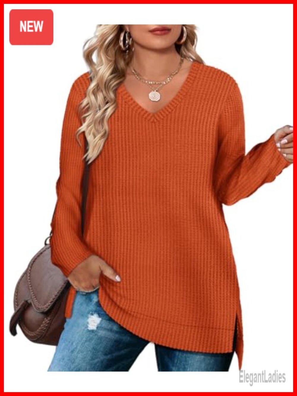 Waffle Knit Pullover Sweater Loose Fit Split Hem Long Sleeve